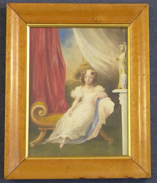 Early 19th century English School Portrait of a girl seated upon a settee 10.25 x 7.75in.